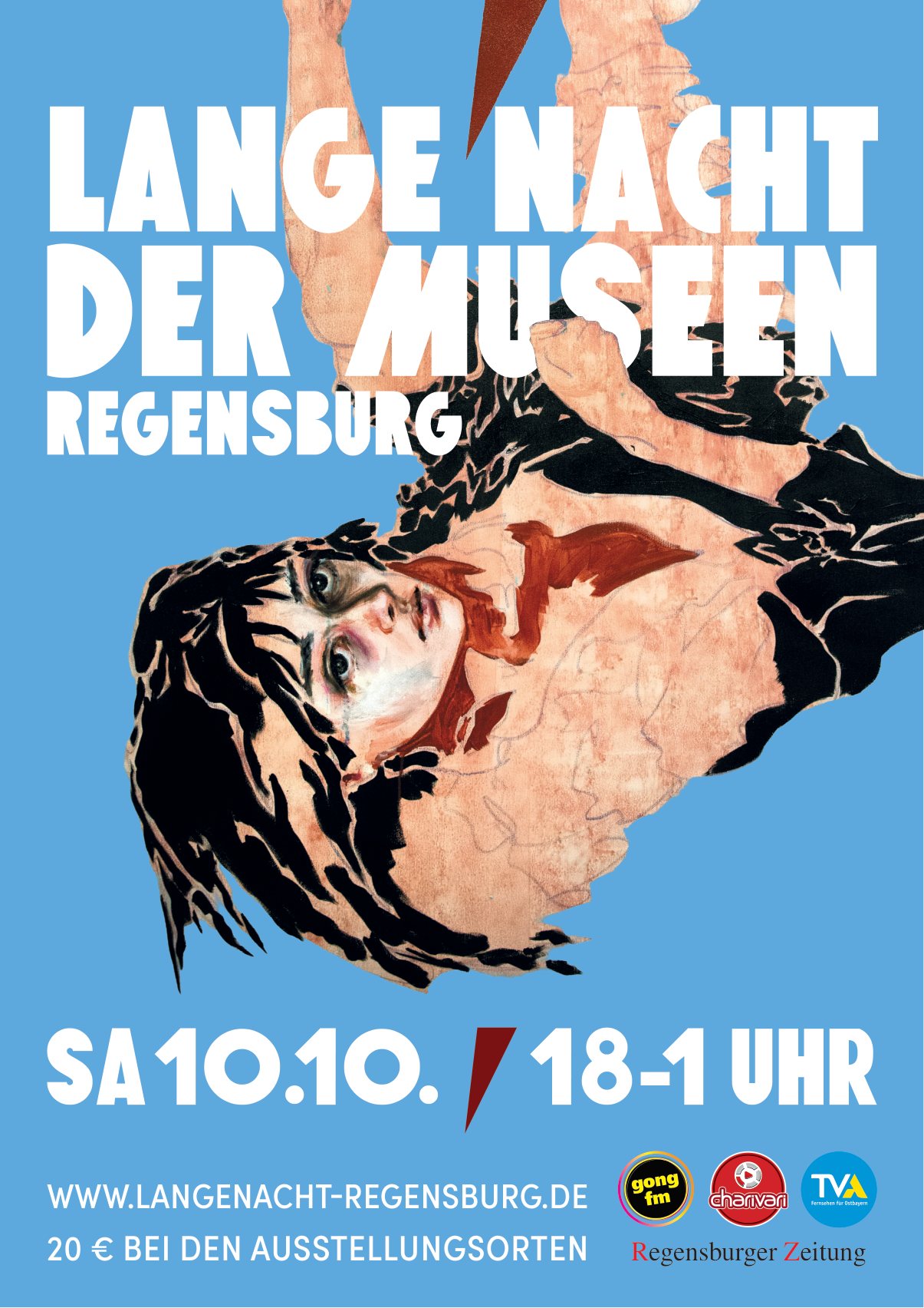 Plakat der Langen Nacht der Museen Regensburg 2026: auf hellblauem Grund die stürzende Figur aus dem Gemälde „Angeli ribelli: Succubus“ von Barbara Muhr, darüber der Titel, darunter „Sa 10.10., 18–1 Uhr“